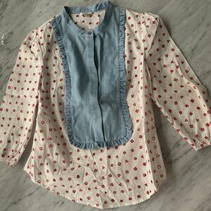 White Cotton Blouse with Blue Bib and Red Geo Print